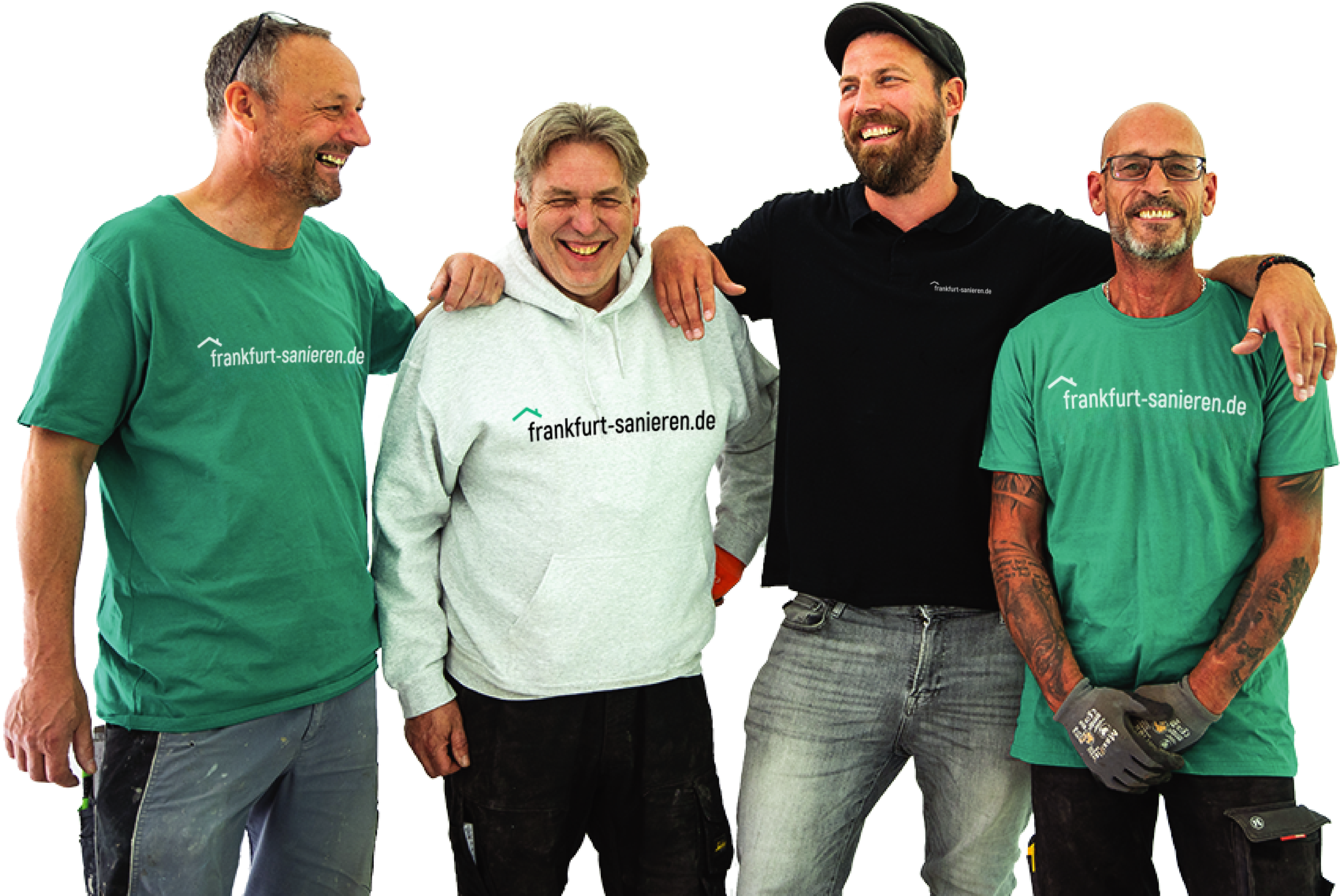 Vier freundliche Handwerker von hamburg-sanieren.de in Arbeitskleidung, lächelnd und posierend als eingespieltes Sanierungsteam.